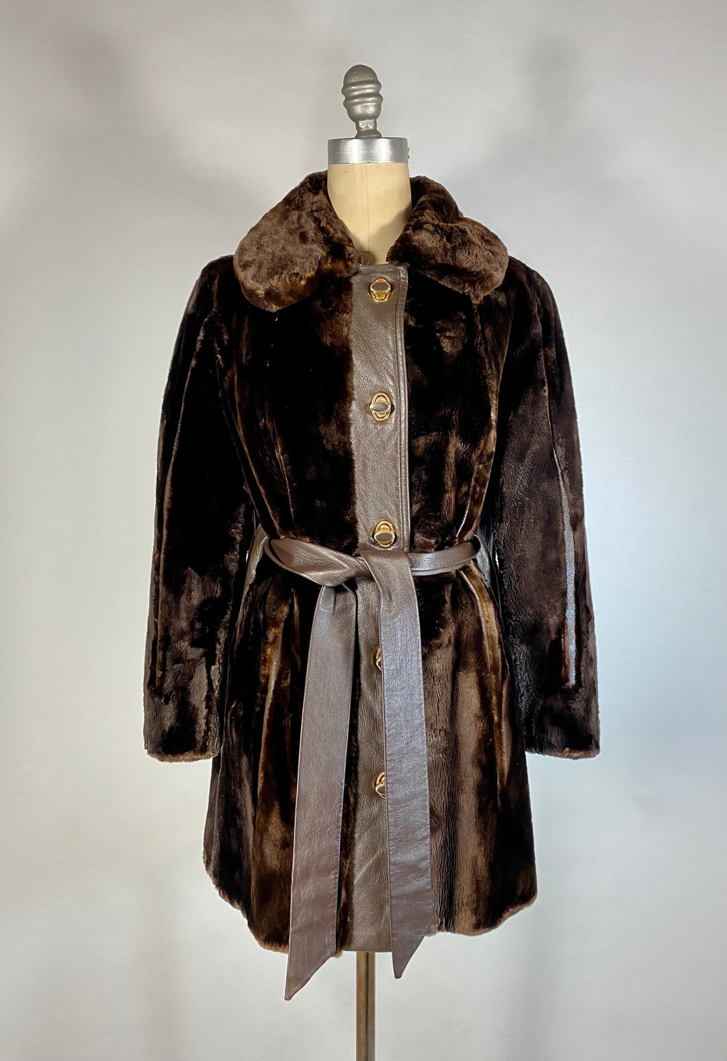 1970s dark brown sheared fur and leather pieced coat & belt by Ben-Ric