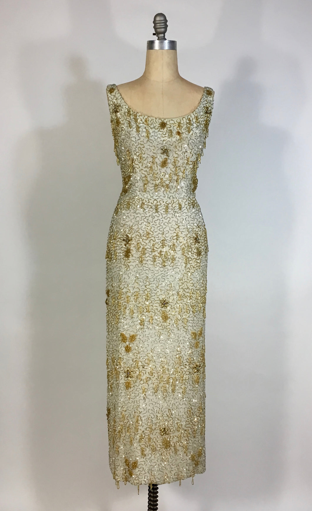 1950's Silver & Gold heavily beaded SAMUEL WINSTON by ROXANE gown