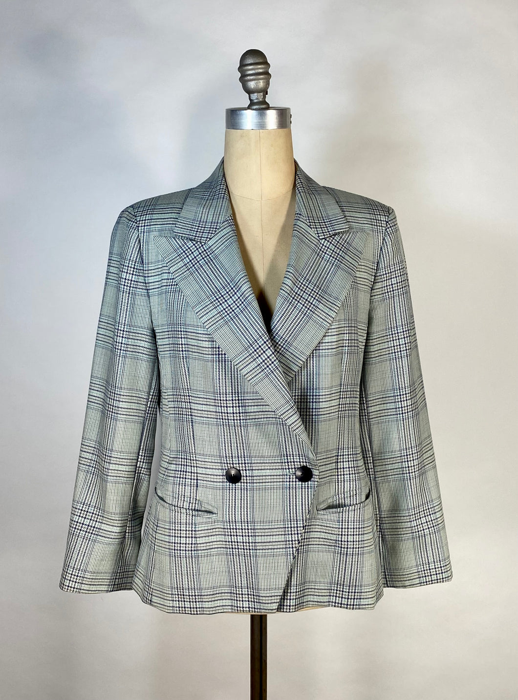 1990's mint-grey check print blazer jacket w/peaked lapels ESCADA Margaretha Ley