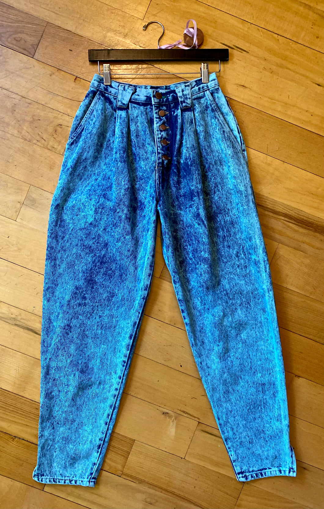 Vintage 1980's-90's Blue over-dyed acid wash cotton denim high waist jeans by Bongo