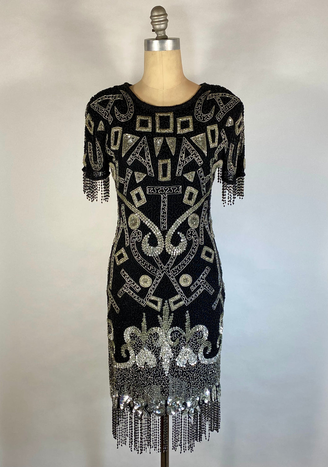 1980's-1990's FULLY BEADED & SEQUIN black & silver open-back dress size 2/4P