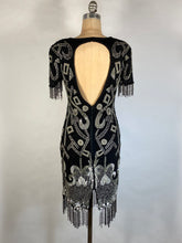 Load image into Gallery viewer, 1980&#39;s-1990&#39;s FULLY BEADED &amp; SEQUIN black &amp; silver open-back dress size 2/4P
