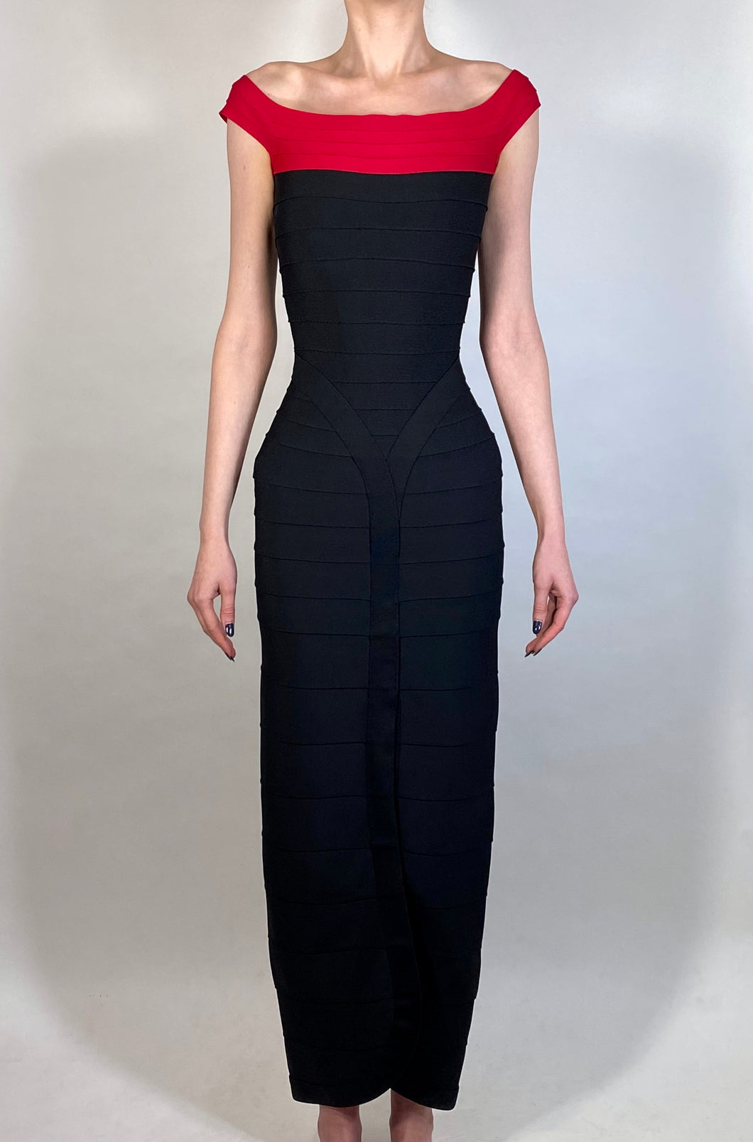 1990's HERVE LEGER COUTURE bodycon bandage ribbon wiggle dress gown XS