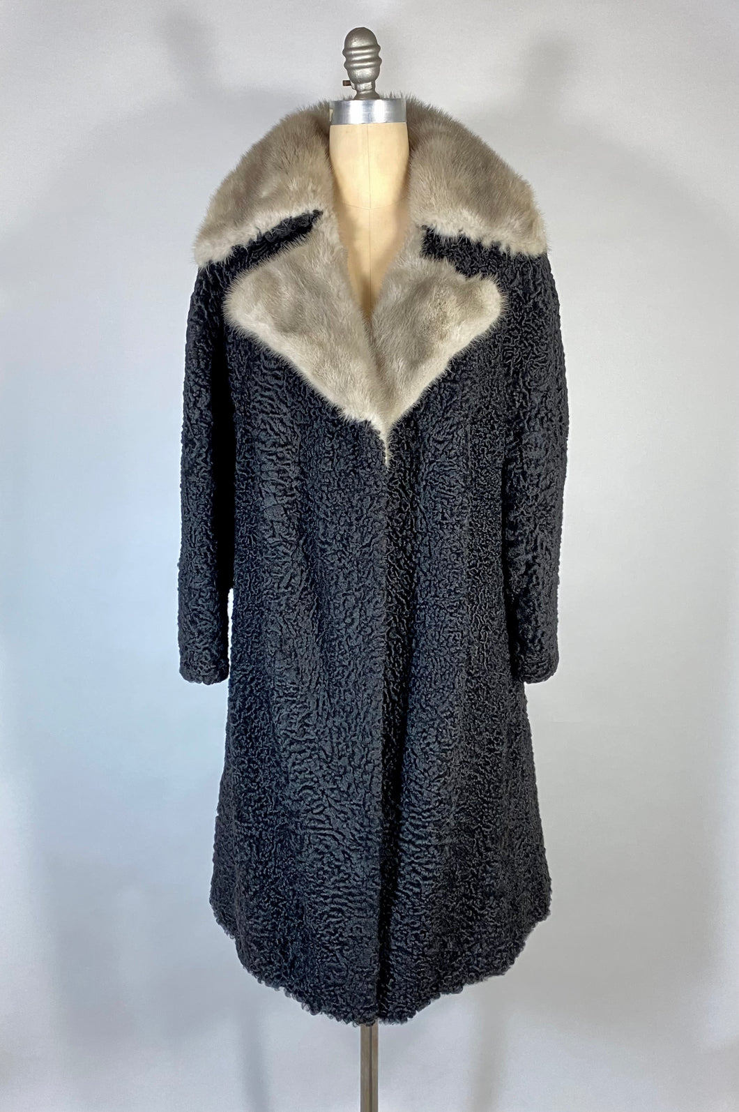 1940's-1950's ASTRAKHAN Karakul fur coat with fur collar & silk lining