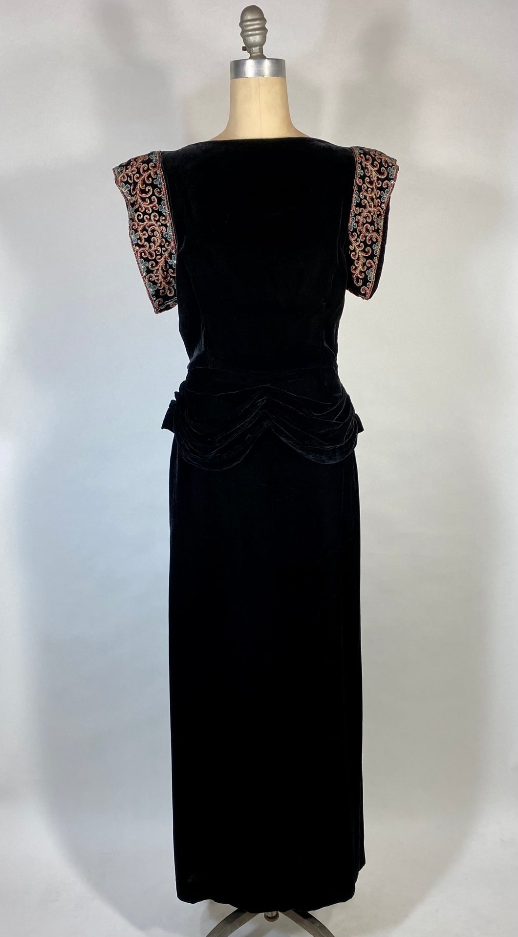 1940's GLAM NOIR velvet gown with beaded sleeves & unique peplum design