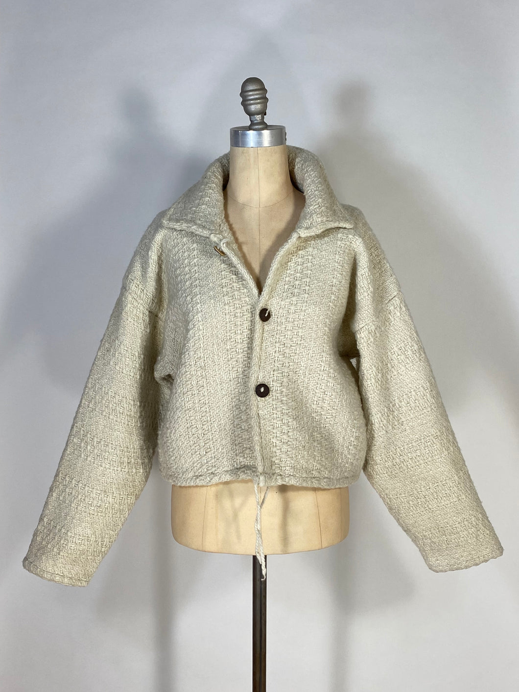 1980's-90's undyed natural hand-woven loomed ALPACA wool jacket size Medium-Large