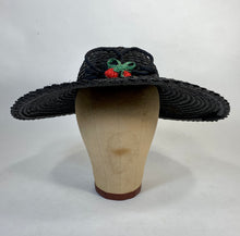 Load image into Gallery viewer, 1930&#39;s black straw SAUCER style hat with itty straw strawberries detail
