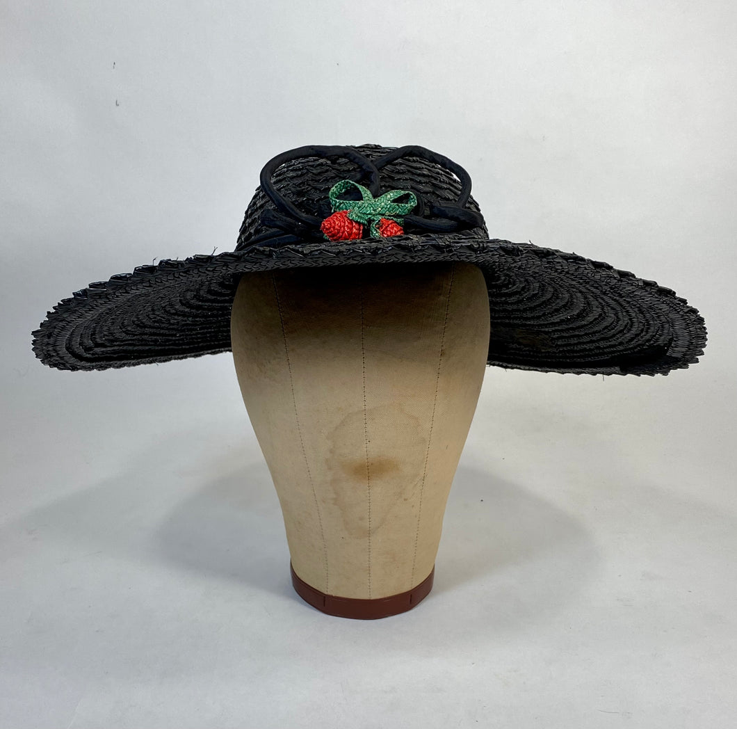 1930's black straw SAUCER style hat with itty straw strawberries detail