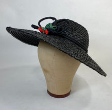 Load image into Gallery viewer, 1930&#39;s black straw SAUCER style hat with itty straw strawberries detail
