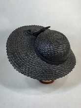 Load image into Gallery viewer, 1930&#39;s black straw SAUCER style hat with itty straw strawberries detail
