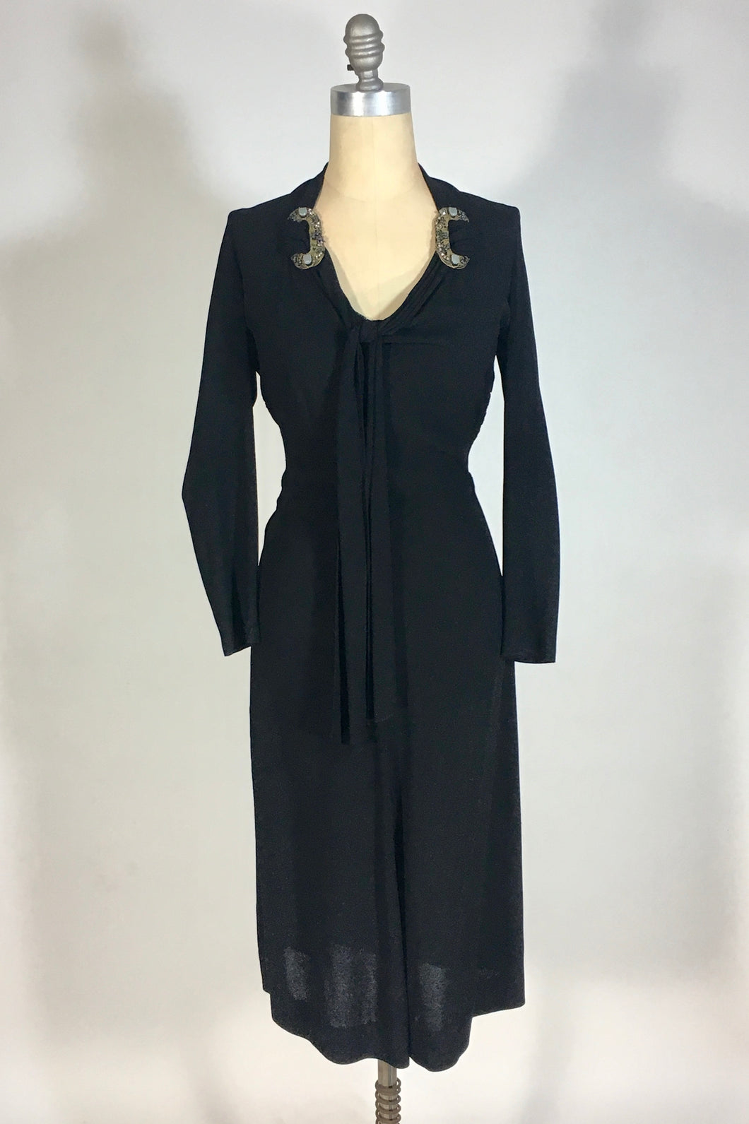 1930's-1940's black wool crepe dress with neckline tie & beading embellishment