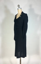 Load image into Gallery viewer, 1930&#39;s-1940&#39;s black wool crepe dress with neckline tie &amp; beading embellishment
