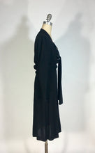 Load image into Gallery viewer, 1930&#39;s-1940&#39;s black wool crepe dress with neckline tie &amp; beading embellishment
