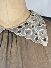 Load image into Gallery viewer, 1930&#39;s sheer black bias-cut silk gown with puff sleeves and cream lace
