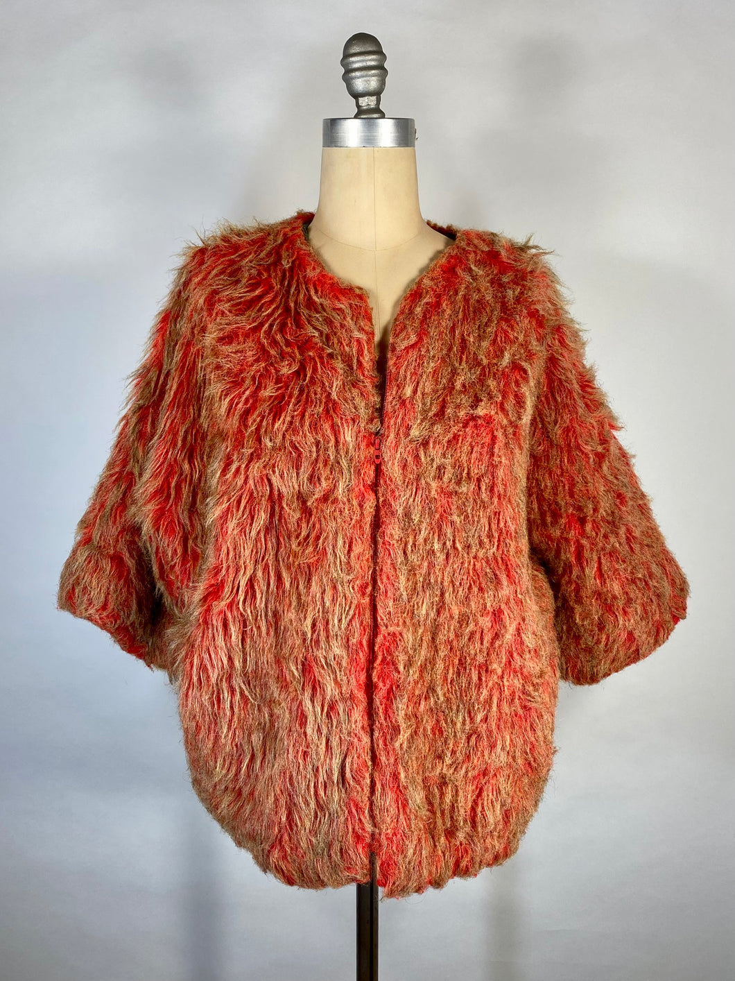 1960's-70's FIERY orange-yellow Monster faux fur jacket w/contrast liner