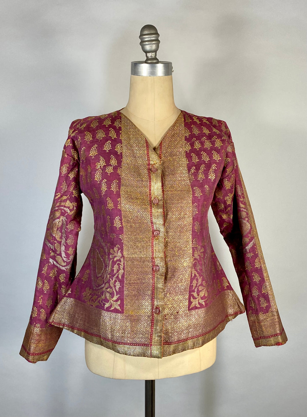 ASIAN ROYALTY vintage/antique real metal metallic brocade woven silk fuchsia top