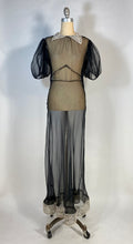 Load image into Gallery viewer, 1930&#39;s sheer black bias-cut silk gown with puff sleeves and cream lace
