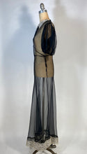 Load image into Gallery viewer, 1930&#39;s sheer black bias-cut silk gown with puff sleeves and cream lace

