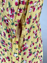 Load image into Gallery viewer, 1930&#39;s - 1940&#39;s yellow rayon BERRIES &amp; CHERRIES print swishy dress
