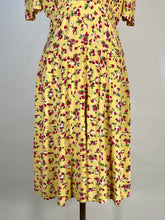 Load image into Gallery viewer, 1930&#39;s - 1940&#39;s yellow rayon BERRIES &amp; CHERRIES print swishy dress
