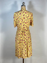 Load image into Gallery viewer, 1930&#39;s - 1940&#39;s yellow rayon BERRIES &amp; CHERRIES print swishy dress
