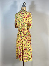 Load image into Gallery viewer, 1930&#39;s - 1940&#39;s yellow rayon BERRIES &amp; CHERRIES print swishy dress
