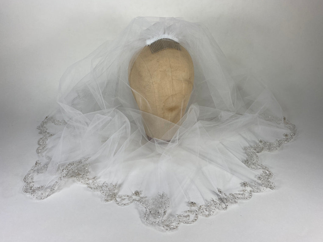 Modern scallop edge shoulder length WEDDING VEIL with embroidery & hand-beading