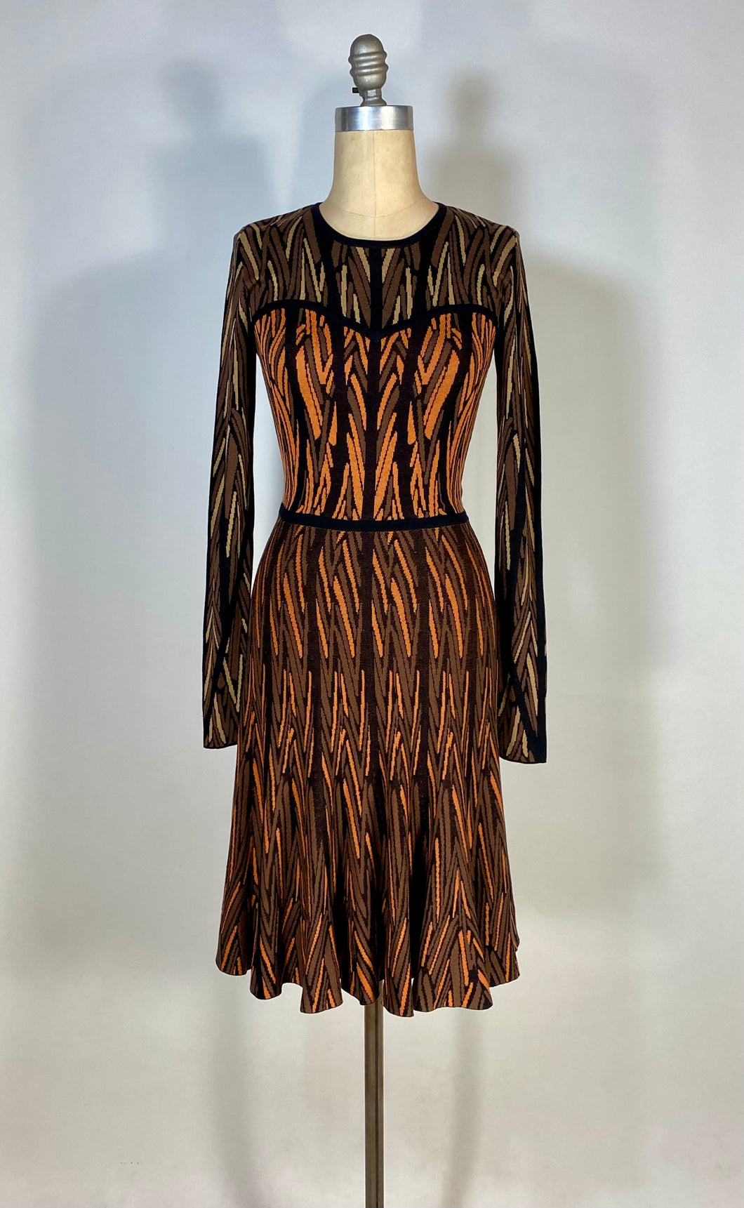 2000's BCBG MAX AZRIA pieced knit KAYLA autumnal tone dress w/fluted skirt size Small