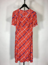 Load image into Gallery viewer, 1930’s red-orange check print cold rayon dress with waist sash and lace cuff details
