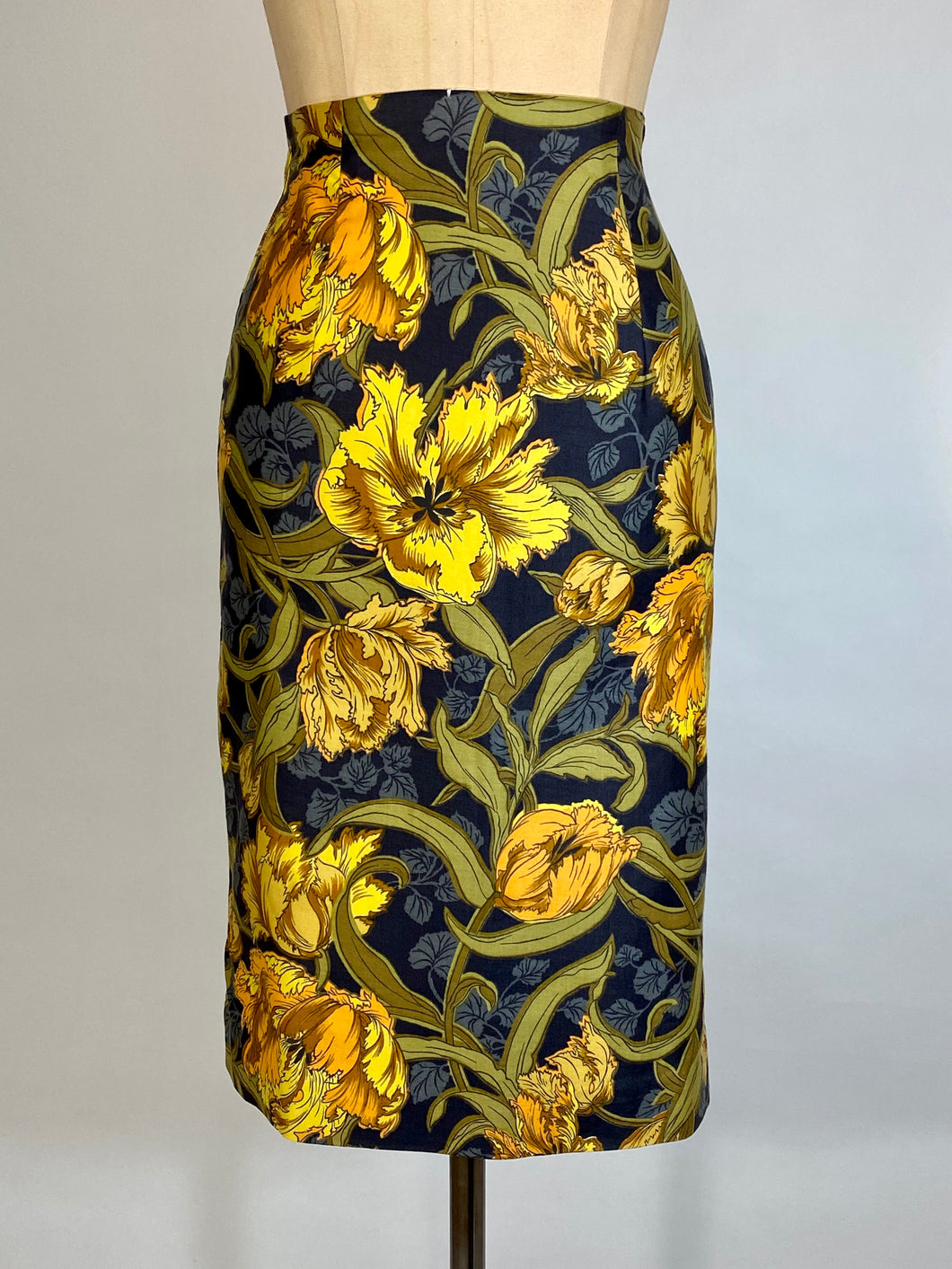 1950’s-60’s reversible golden ochre yellow & floral print cotton pencil skirt Deadstock New with Tags!