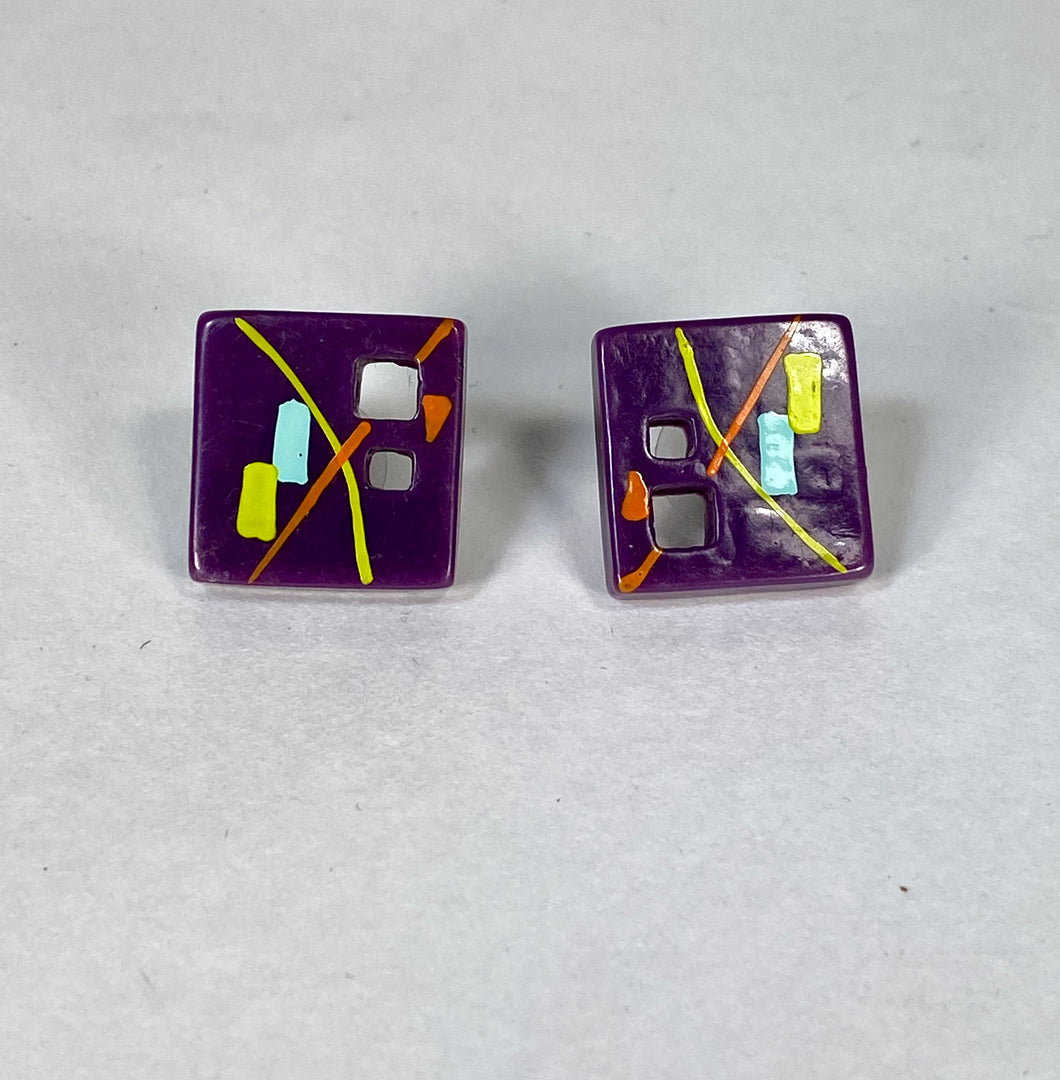 1980’s handmade New Wave style colorful geometric design purple post earrings
