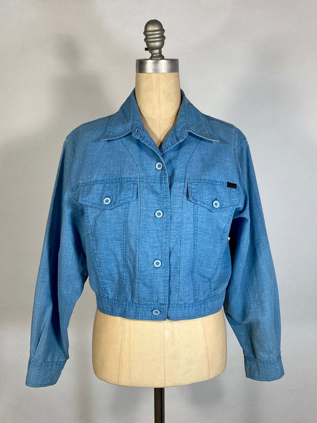 1980’s-90’s sky blue linen blend crop denim-style cut jacket
