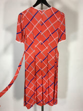 Load image into Gallery viewer, 1930’s red-orange check print cold rayon dress with waist sash and lace cuff details
