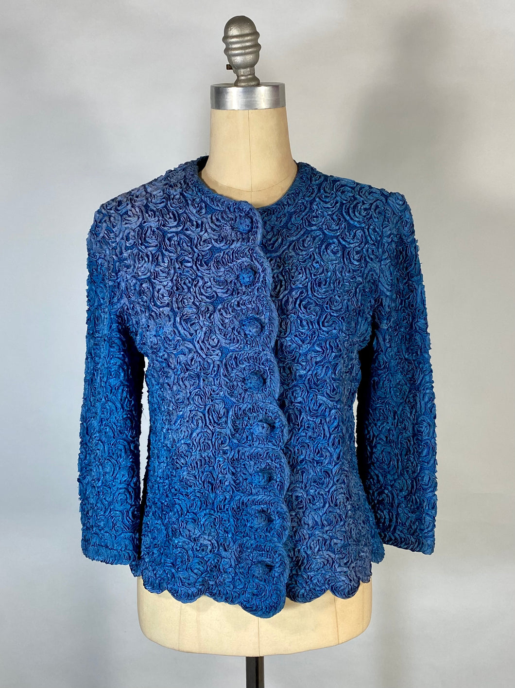 1950’s-60’s blue silk ribbon hand-stitched cardigan sweater-blouse