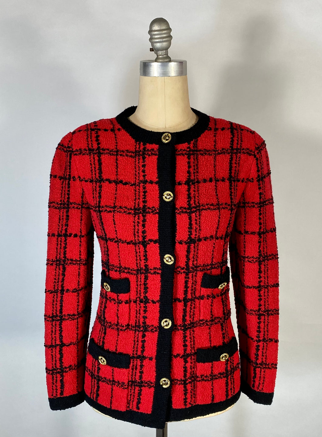 1980’s red and black windowpane check knit jacket with gold buttons