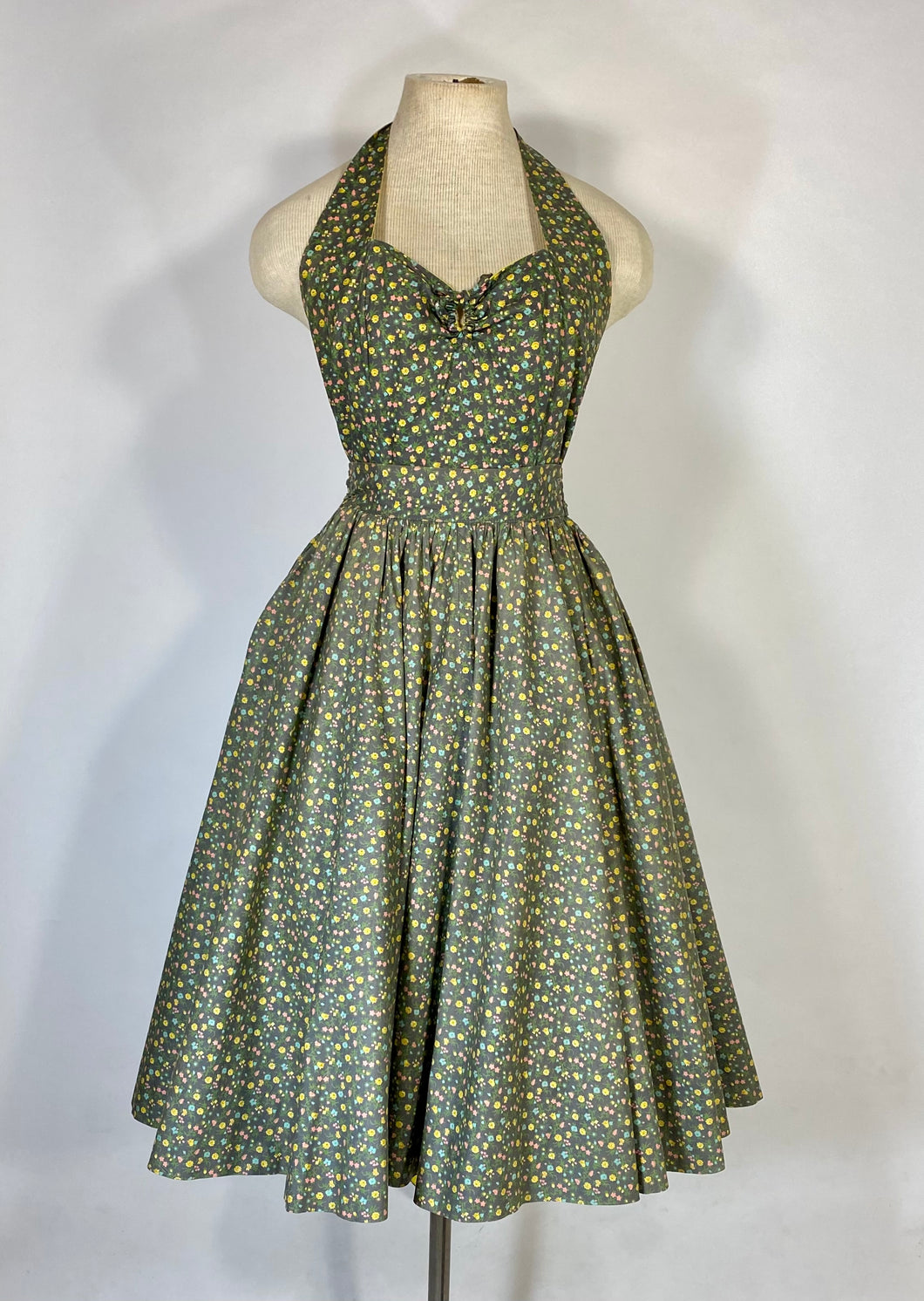 1950’s one of a kind homemade cotton ditsy print 2-pc halter top and circle skirt set