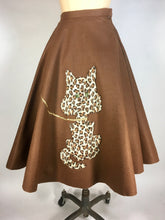 Load image into Gallery viewer, 1950’s homemade brown wool felt circle “poodle” skirt with leopard cat
