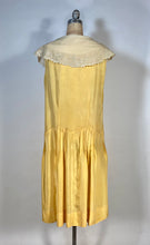 Load image into Gallery viewer, 1920’s Buttery yellow silk drop waist Flapper style dress with antique lace collar

