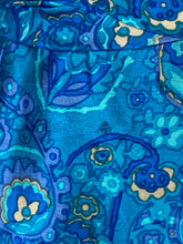 Load image into Gallery viewer, 1960’s blue palette paisley silk dress with ruched waist detail by Paul Brook
