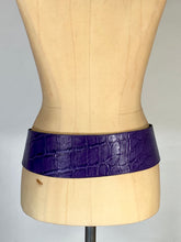 Load image into Gallery viewer, 1980’s purple leather super wide belt with handmade silver metal buckle by Sandy Duftler
