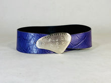 Load image into Gallery viewer, 1980’s purple leather super wide belt with handmade silver metal buckle by Sandy Duftler
