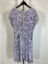 Load image into Gallery viewer, 1940’s-50’s purple floral semi sheer dress with yellow bee buttons detail

