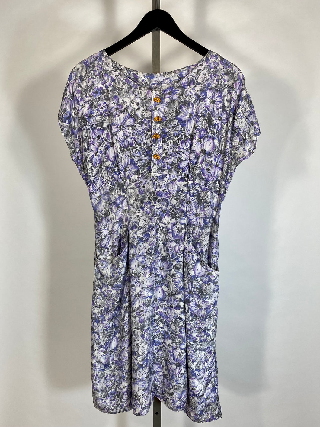 1940’s-50’s purple floral semi sheer dress with yellow bee buttons detail