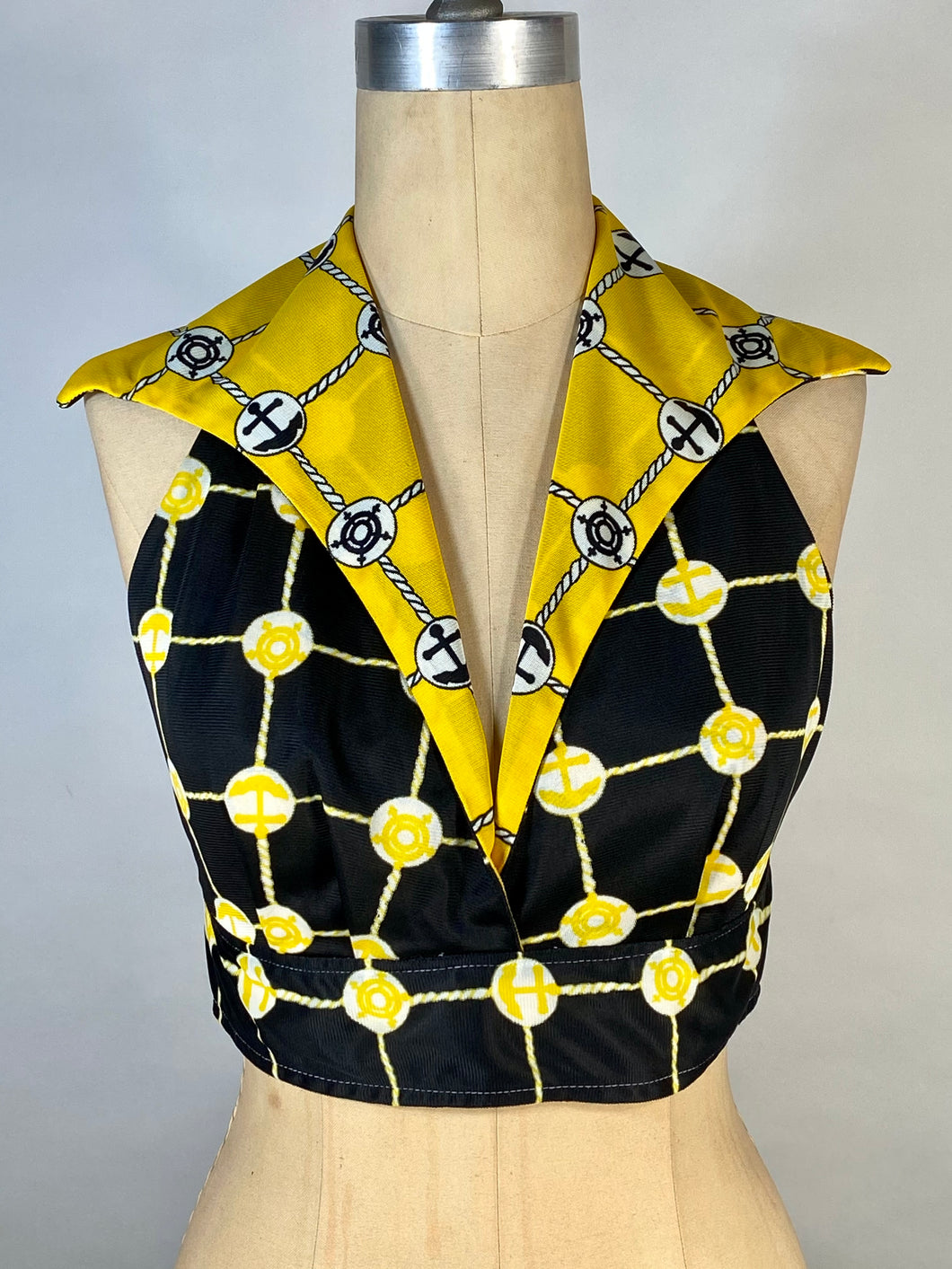 1970’s homemade 2-in-1 reversible Nautical theme print halter top with big lapels