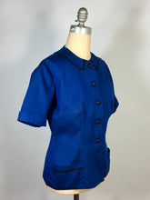 Load image into Gallery viewer, 1940’s-50’s sapphire blue iridescent blouse with black trim by Georgiana
