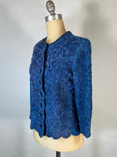 Load image into Gallery viewer, 1950’s-60’s blue silk ribbon hand-stitched cardigan sweater-blouse
