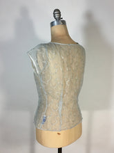 Load image into Gallery viewer, 1950’s ice blue and silver sheet lacy nylon blouse with bow detail by Judy Bond
