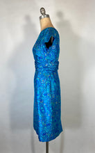 Load image into Gallery viewer, 1960’s blue palette paisley silk dress with ruched waist detail by Paul Brook
