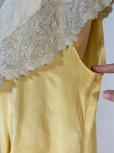 Load image into Gallery viewer, 1920’s Buttery yellow silk drop waist Flapper style dress with antique lace collar
