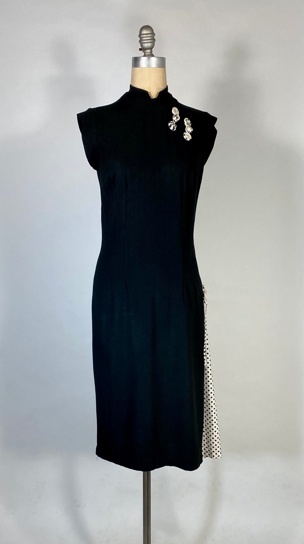 1960’s black rayon blend cheongsam Qi Pao style dress with peek-a-boo polka dot details